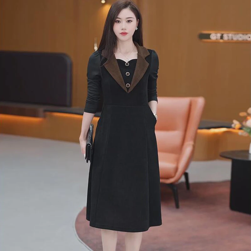 职场气质假两件套修身中长款大码女装胖mm长袖连衣裙子秋冬季新款