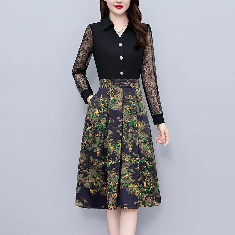 假两件套时尚洋气印花大码女装胖mm妈妈装阔太太长袖连衣裙春秋季