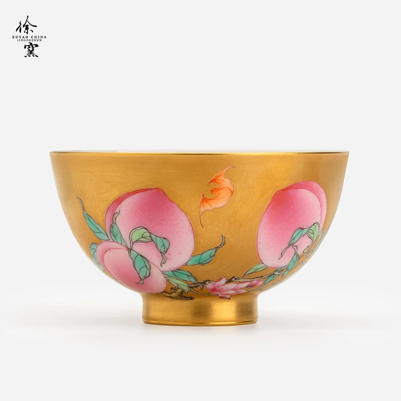 徐窑 黄金四桃鸡心杯 主人杯品茗杯纯金地手绘粉彩瓷喝茶手工制作