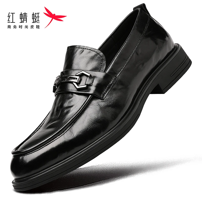 红蜻蜓男鞋秋款男士商务正装休闲一脚蹬皮鞋手抓纹头层牛皮乐福鞋