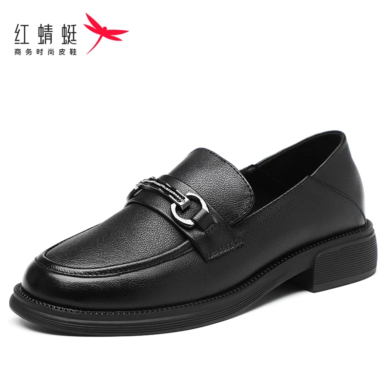 红蜻蜓女鞋夏季真皮软皮一脚蹬乐福鞋女英伦风通勤单鞋休闲小皮鞋