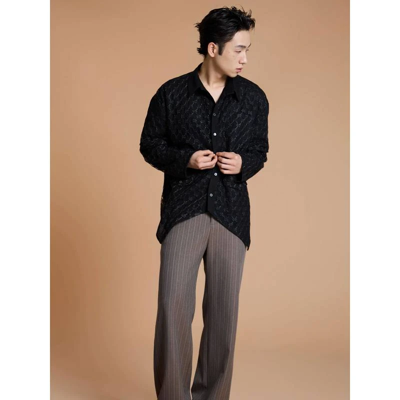 ATETEEN-早春网纱复合拼接长袖异形下摆衬衫