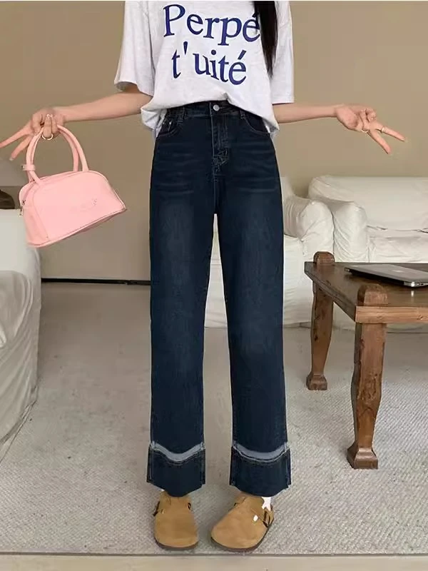 复古拼接阔腿牛仔裤女2024年秋季常规高腰窄版胖妹妹mm显瘦九分裤