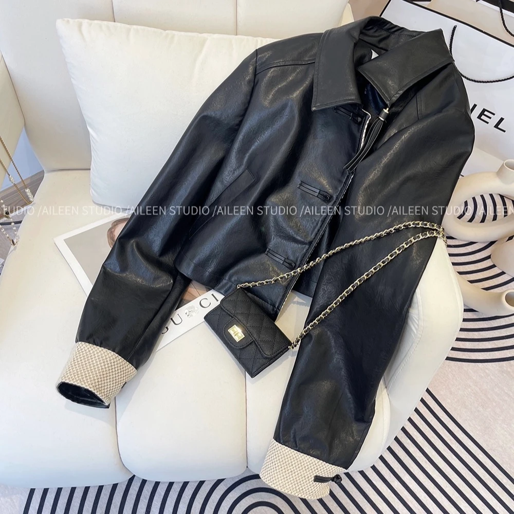 黑色皮衣外套女短款早秋新款设计感小众新中式国风皮夹克上衣
