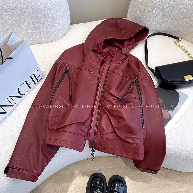 安可拉红皮衣外套女连帽2024秋装新款设计感小众洋气皮夹克上衣潮