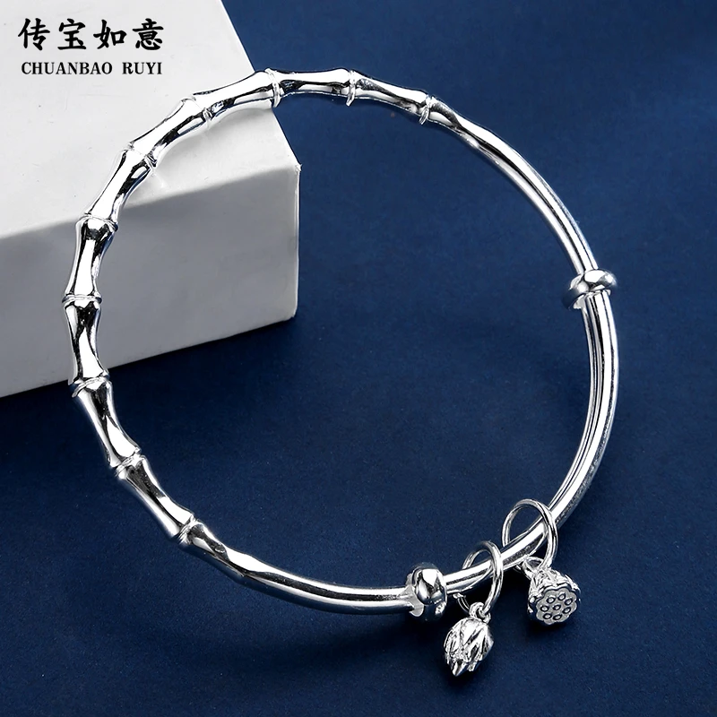 足银手镯 竹节银手镯女纯银9999两世欢足银镯子七夕情人节送女友