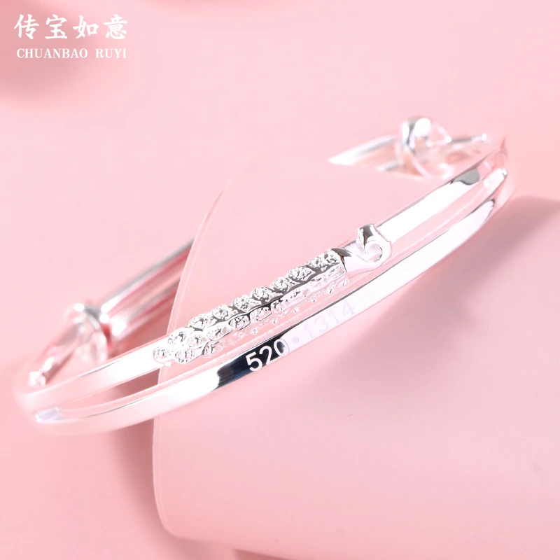 足银手镯 5201314孔雀手镯女纯银推拉年轻款9999足银镯子情人节