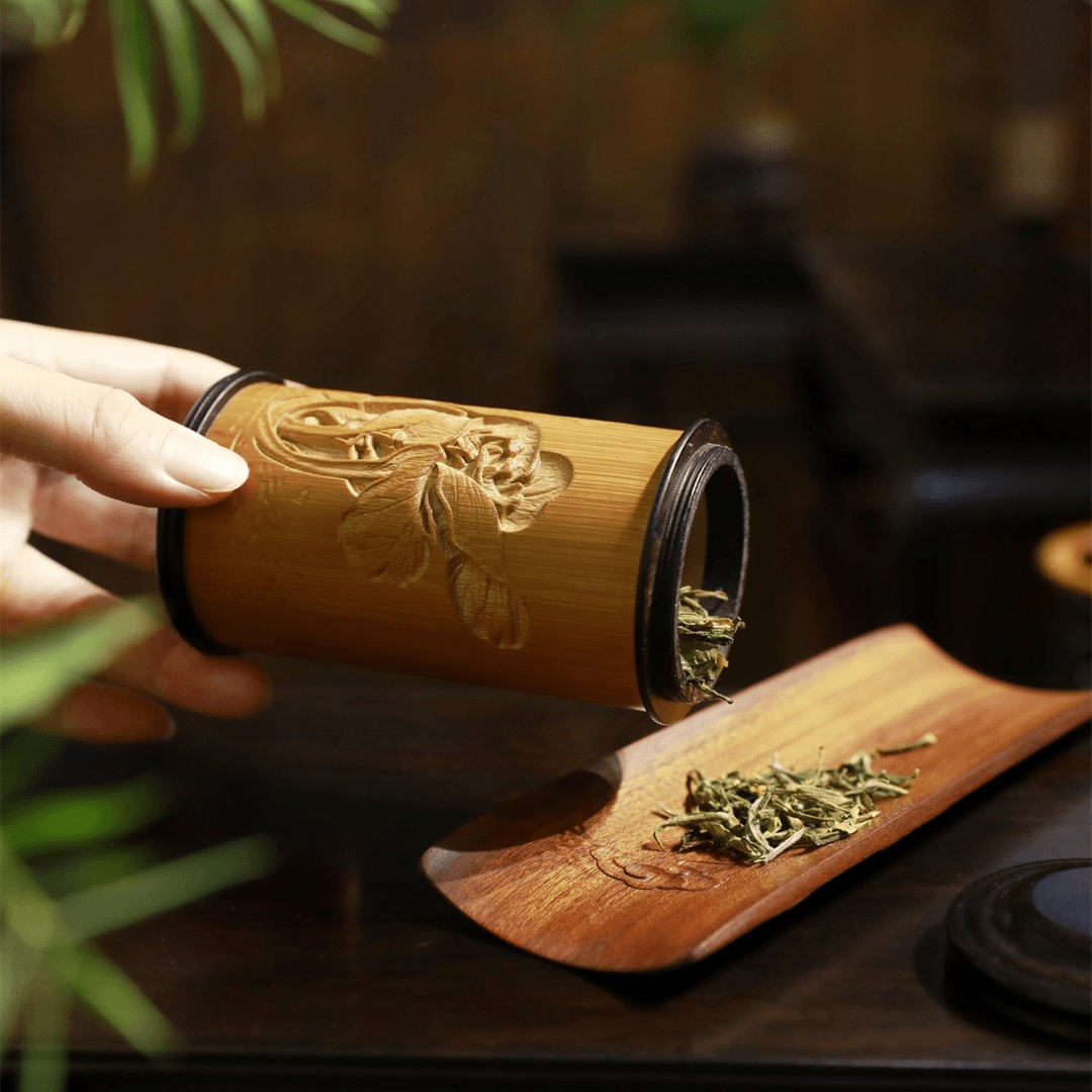 huizihao/徽字号精品手工浮雕茶叶罐竹雕百财密封罐存茶罐竹制品