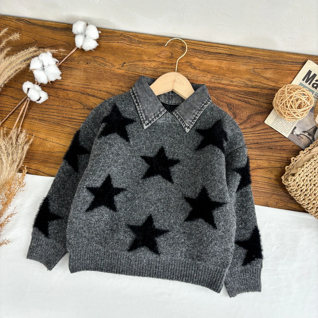 2024新秋冬儿童男女童拼接牛仔领灰色毛衣加厚上衣宽松套头针织衫
