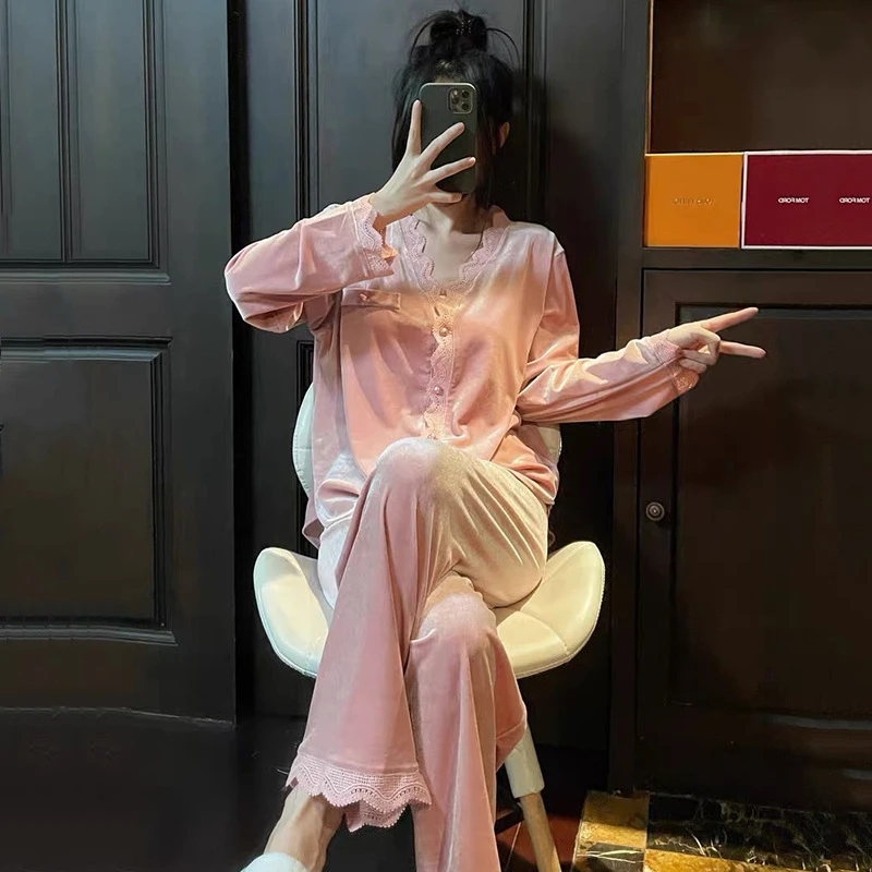 金丝绒睡衣女秋冬季新款长袖长裤套装爆款性感蕾丝花边家居服8866