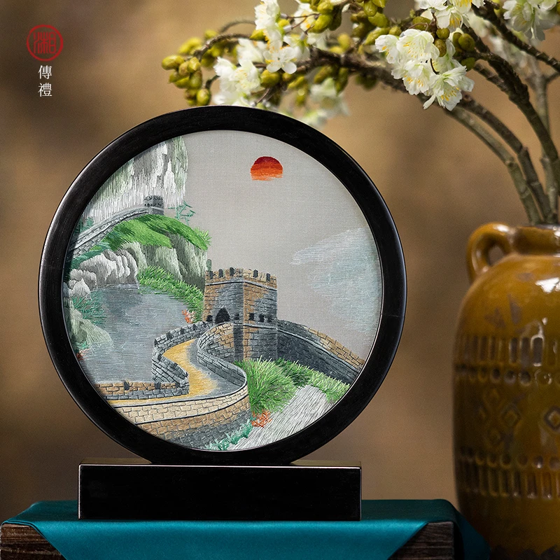 湘传礼湘绣非遗文化高档手工双面绣圆屏桌面摆件商务双面绣摆件