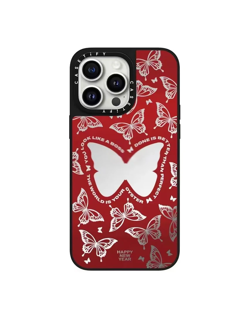 case满屏红红火火蝴蝶镜面15ProMax手机壳iPhone14高级感13卡通
