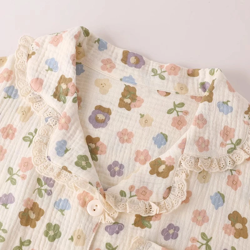 『花田小熊』2023年新款小熊印花棉纱布睡衣女春秋夏长袖家居服1092