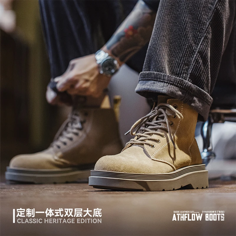 马登复古工装靴皮靴冬男鞋新款高帮靴圆头百搭厚底男靴中帮马丁靴