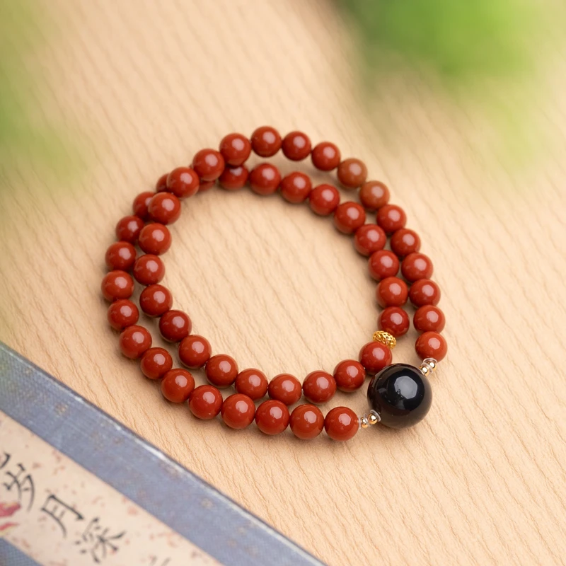 【18K】南红6mm和田玉烟紫双圈手串