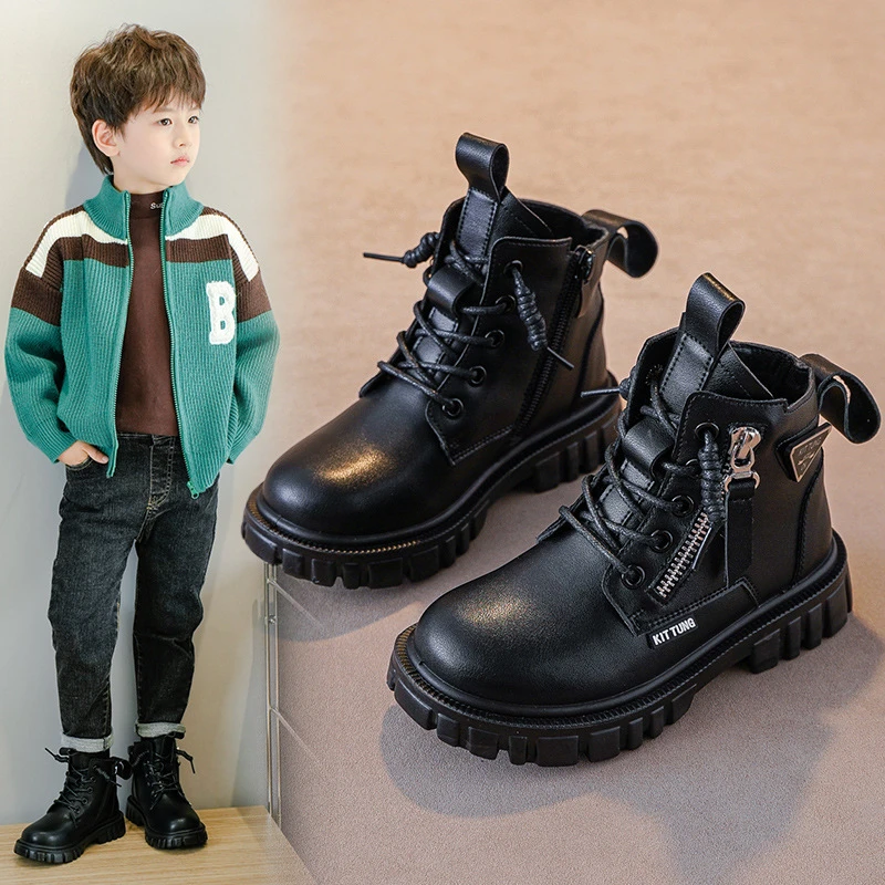 男童马丁靴加绒2025秋冬季新款中大童黑色皮鞋儿童短靴子宝宝棉鞋