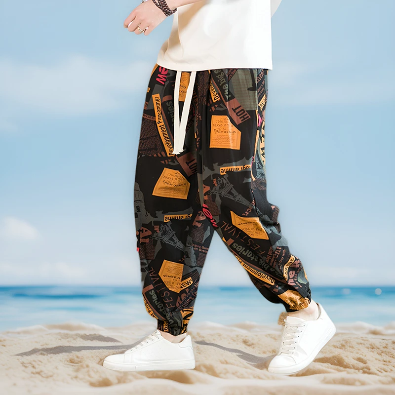 中国风花裤子亚麻夏季男士印花灯笼裤宽松束脚九分哈伦休闲裤大码