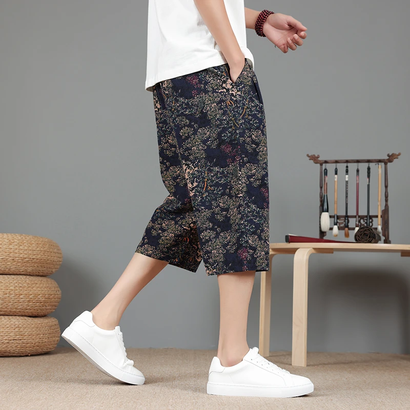 国潮风新款七分裤男夏季薄款直筒大码宽松短裤复古印花休闲沙滩裤
