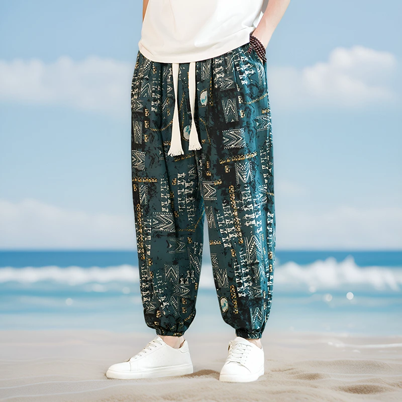 夏季棉麻裤子男士宽松薄款国风潮流九分裤大码百搭裤印花哈伦长裤