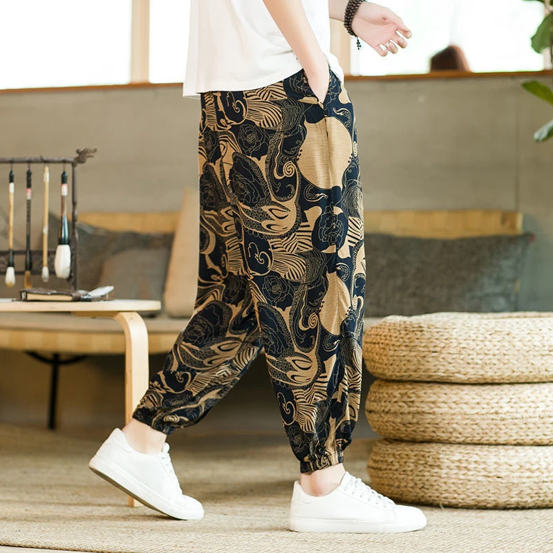 夏季灯笼裤男士薄款冰丝运动新款胖子大码休闲高档宽松花裤子男款