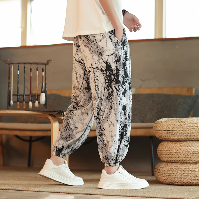 中国风大码男灯笼裤2024夏季新款宽松九分裤冰丝休闲裤防蚊裤印花
