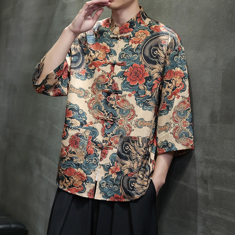 新中式印花唐装冰丝短袖男士衬衫中式复古宽松休闲男款七分袖衬衣