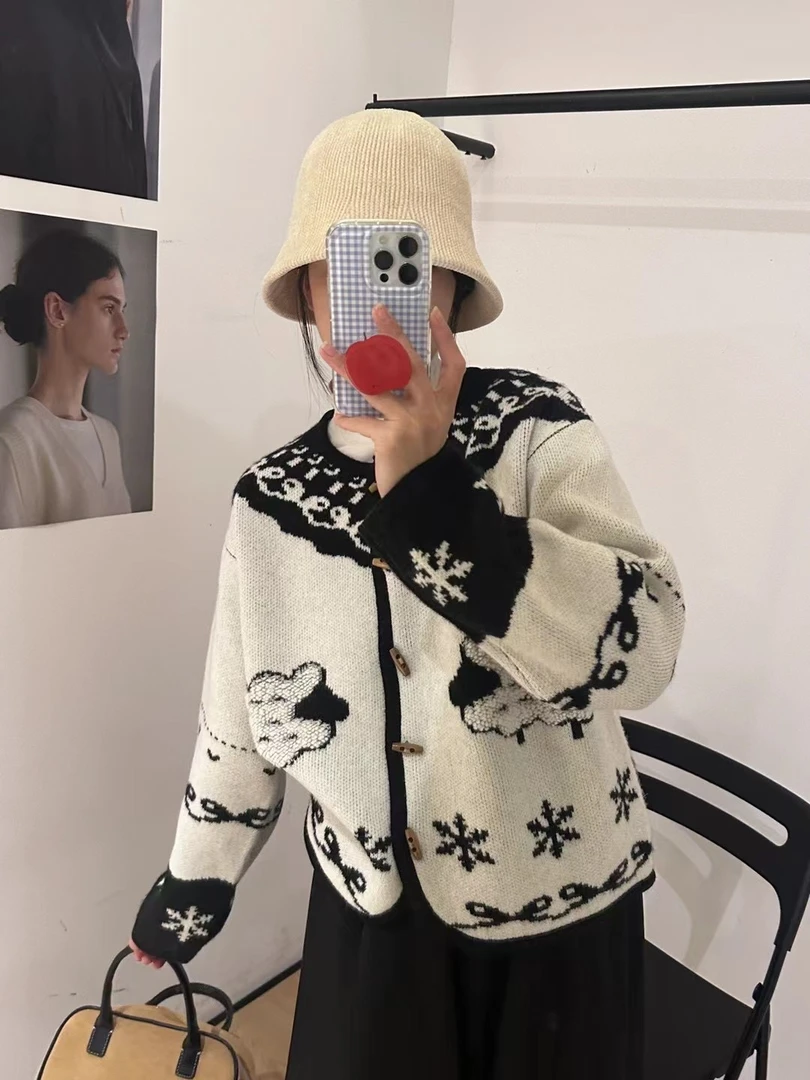 【小羊开衫】韩系秋冬复古提花针织开衫