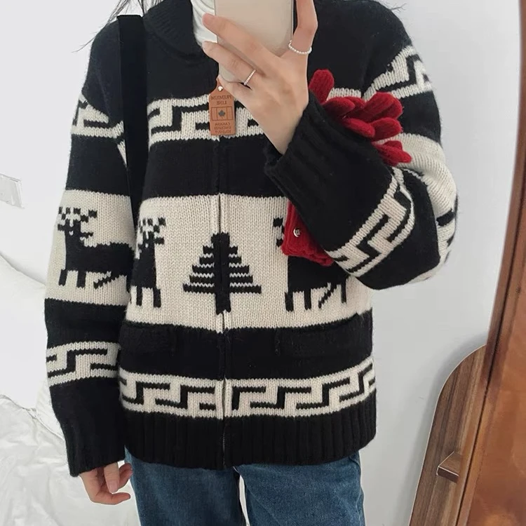 【麋鹿开衫】韩系复古圣诞小麋鹿翻领毛衣针织开衫