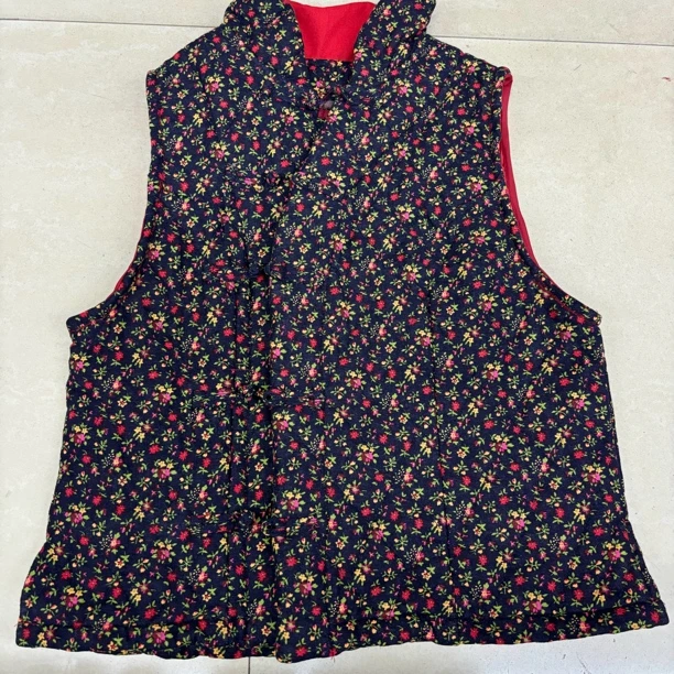 马甲无袖棉衣保暖藏青点点褐色小花玫红小花蓝底白