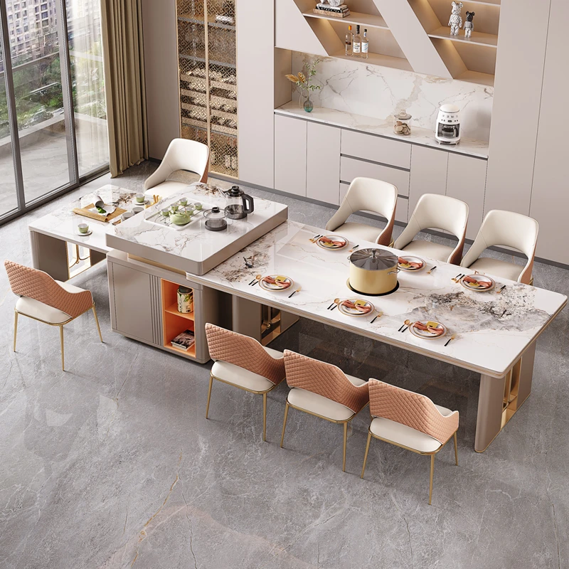 2025款中古风岛台岩板桌一体现代简约家用多功能伸缩电磁炉分体桌