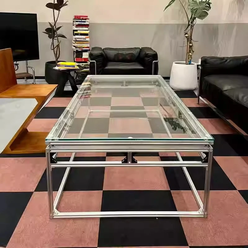 铝型材简约透明矮桌北欧个性创意茶几钢化玻璃面客厅长方形小桌子
