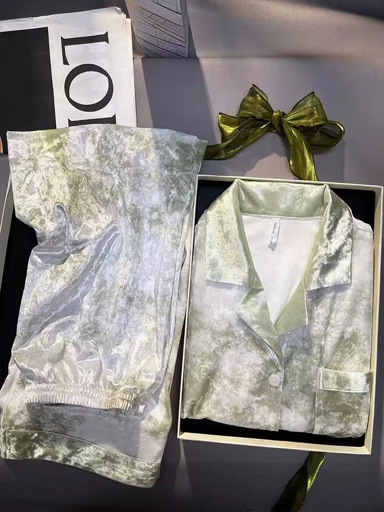 睡衣女秋冬轻奢钻石丝绒品质家居服套装绿色2024新款春秋长袖小众