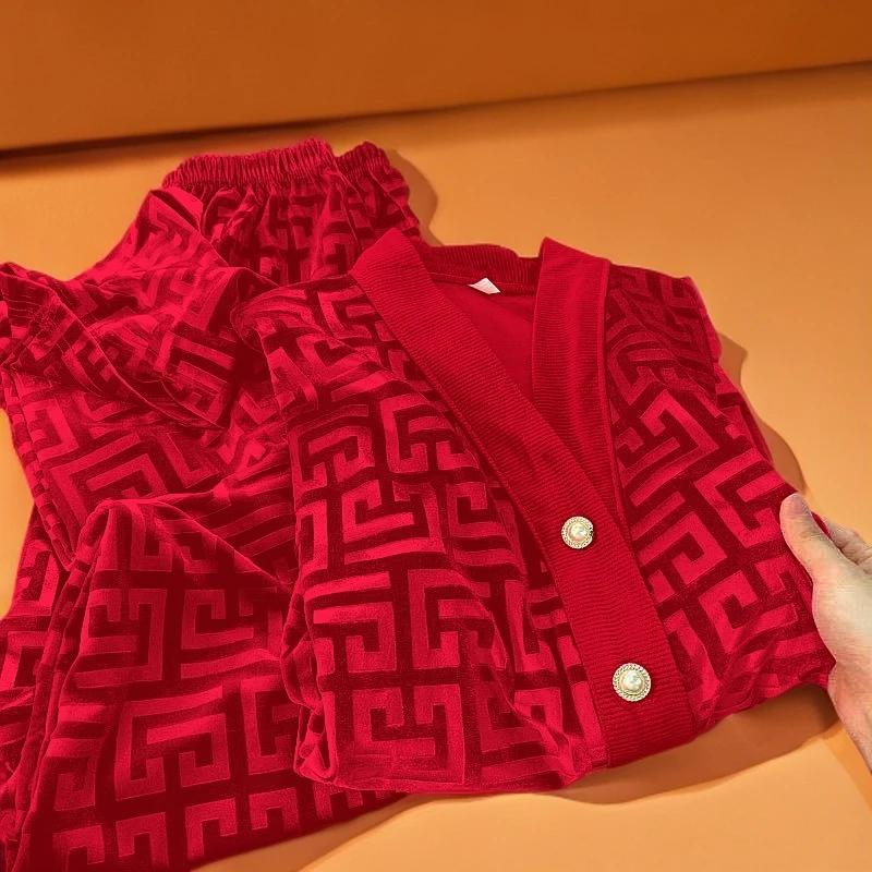 2024年新款金丝绒睡衣女春秋冬季红色本命年家居服网红套装高级感