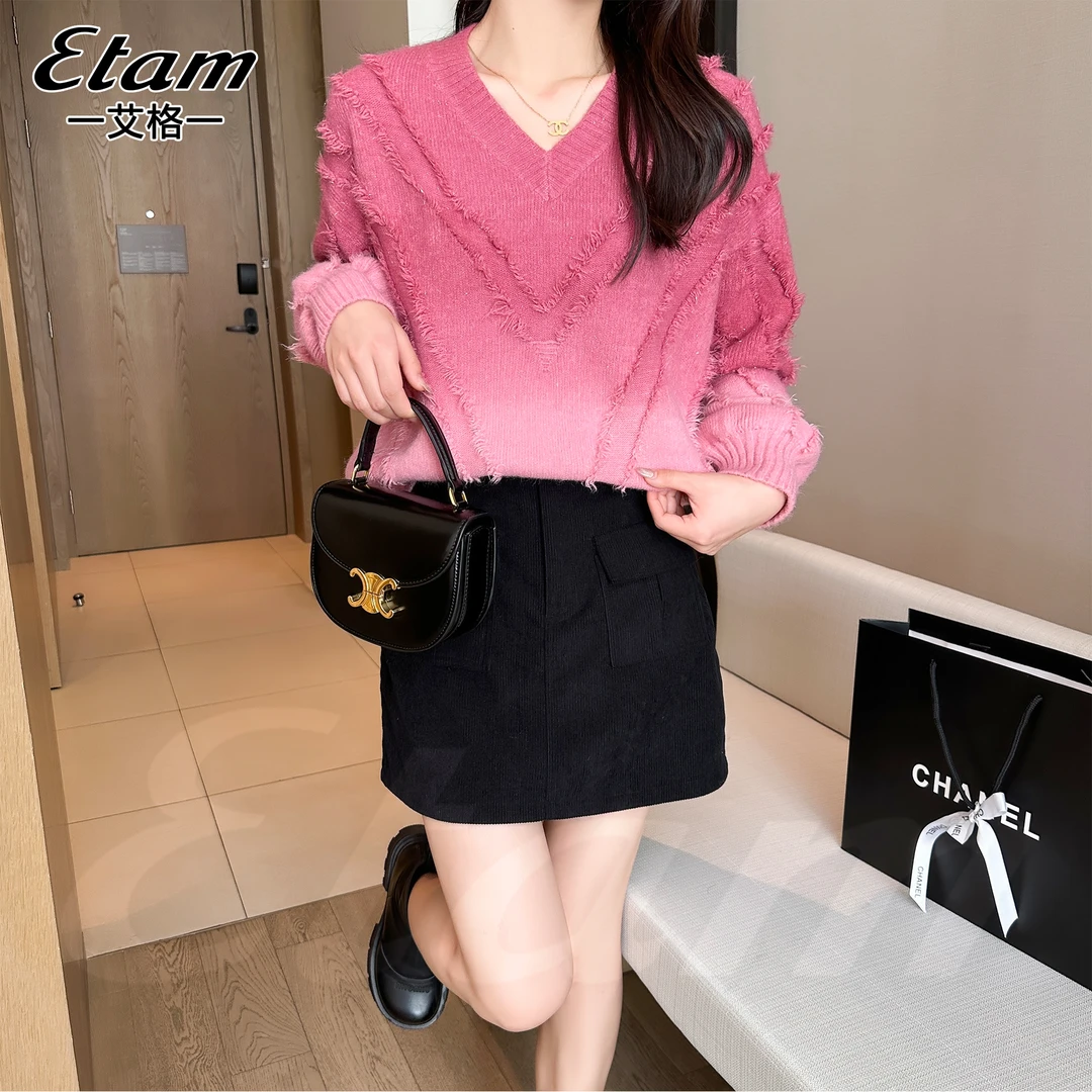 Etam/艾格2024秋冬套头宽松针织V领时尚百搭渐变色慵懒风毛衣