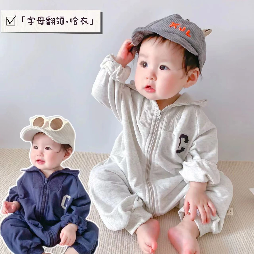 新款宝宝春秋款男女宝宝舒适简约单层立领C标连体哈衣棒球服洋气