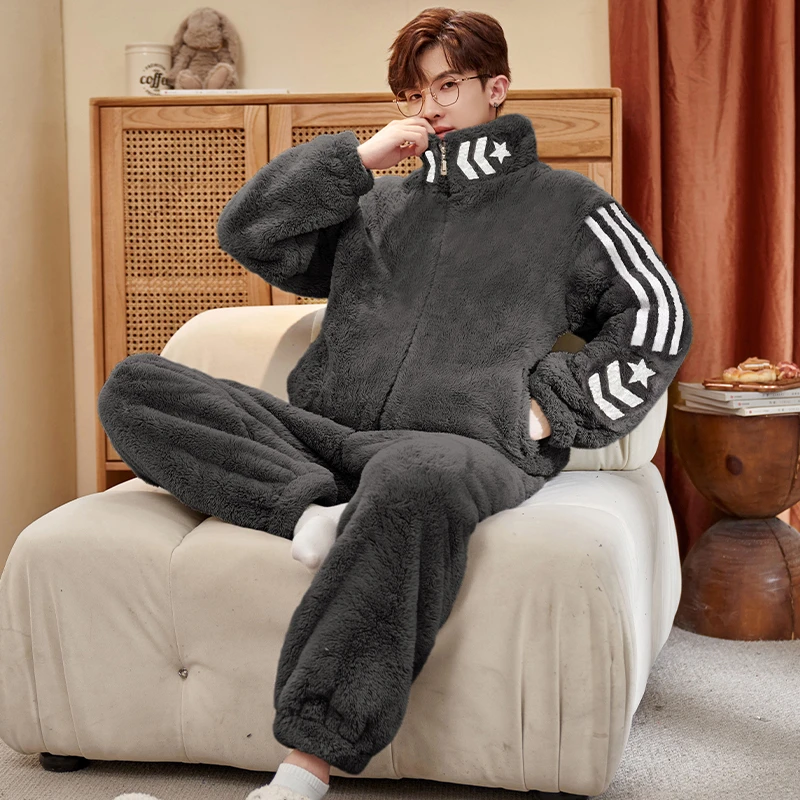 睡衣男冬季款加厚加绒珊瑚绒2024新款男士青少年可外穿家居服套装