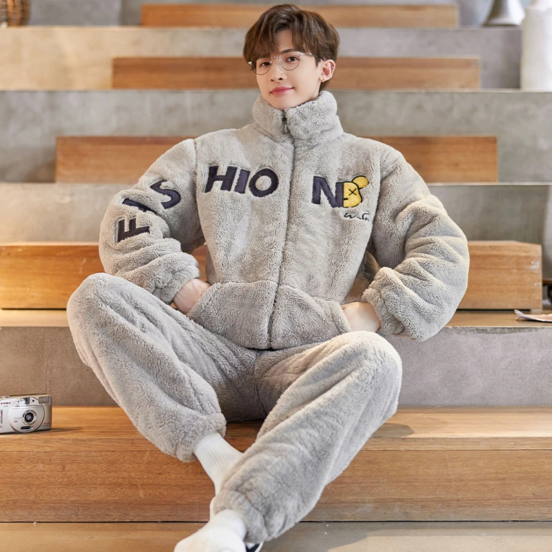 男士睡衣珊瑚绒秋冬季加绒加厚保暖法兰绒冬天卡通男生家居服套装