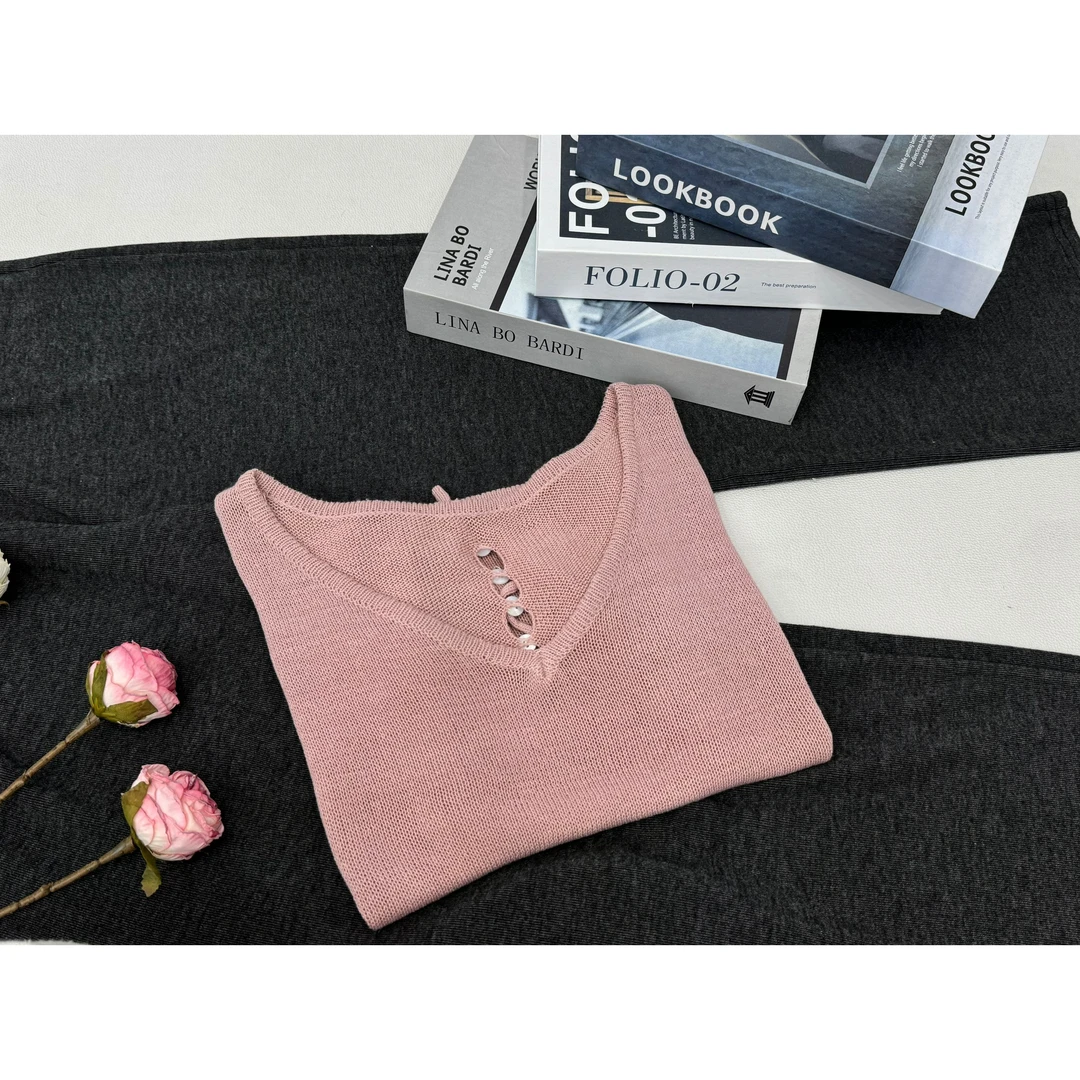 【粉色镂空】气质抽绳收腰针织短袖上衣QC258