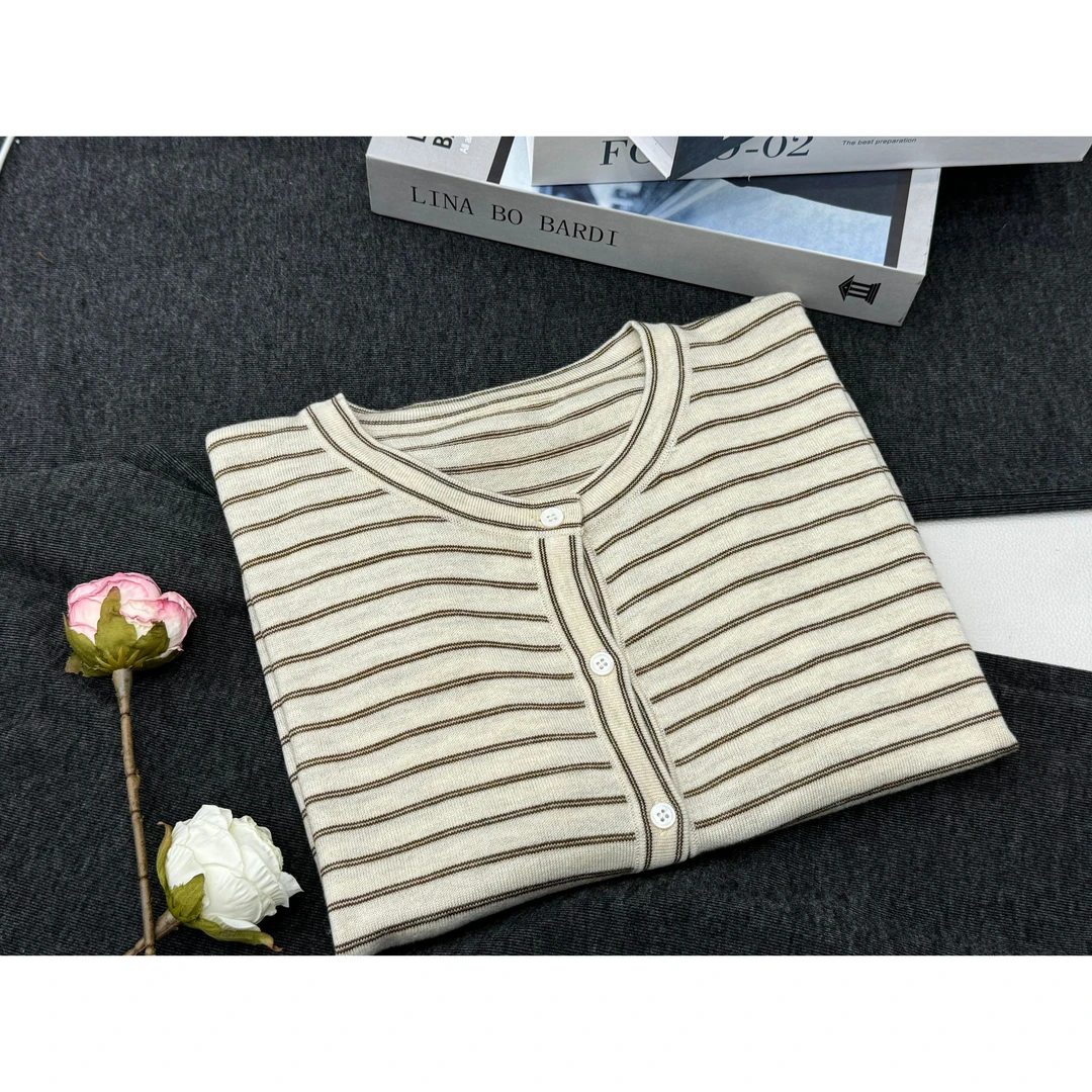 【杏色条纹开衫】百搭气质款针织长袖上衣 QC582