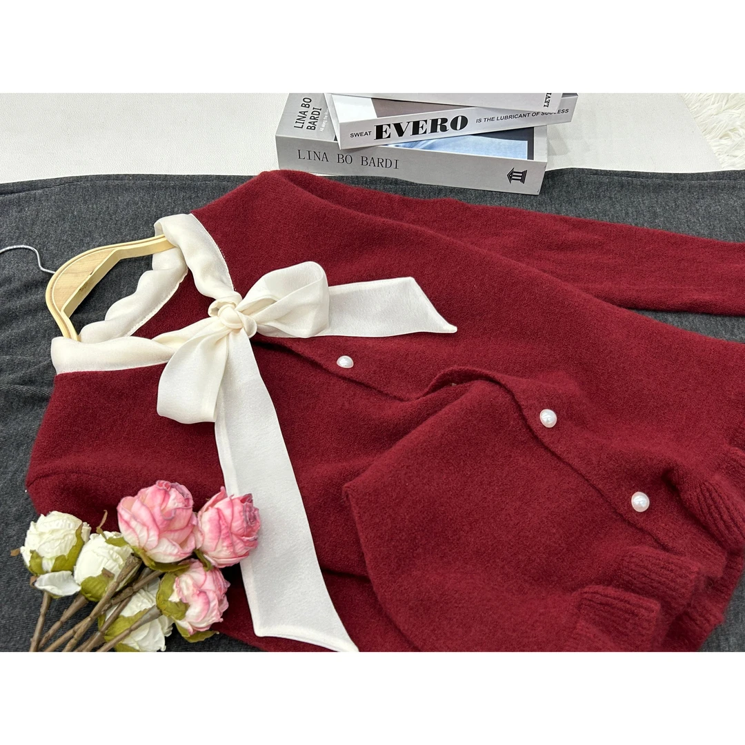 【红色卷边系带】百搭高级针织长袖上衣QC1574