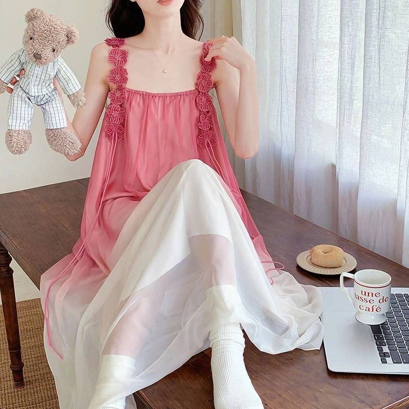 晨袍女新娘结婚小众刺绣花吊带仙女渐变色睡裙氛围高级感夏季长裙