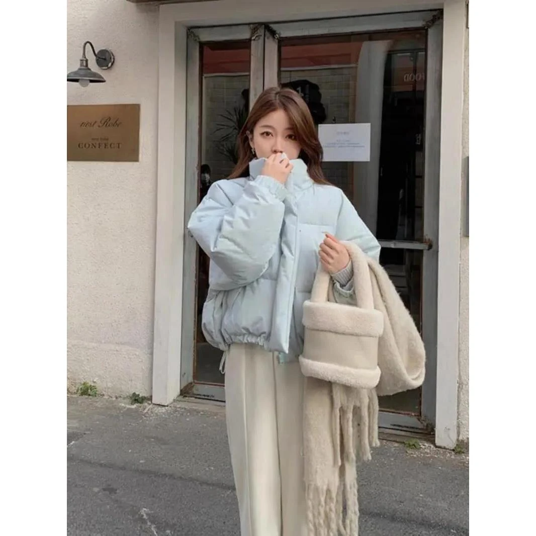 清廷心蓝色立领短款羽服女冬2023新款宽松小个子面包服加厚外套网