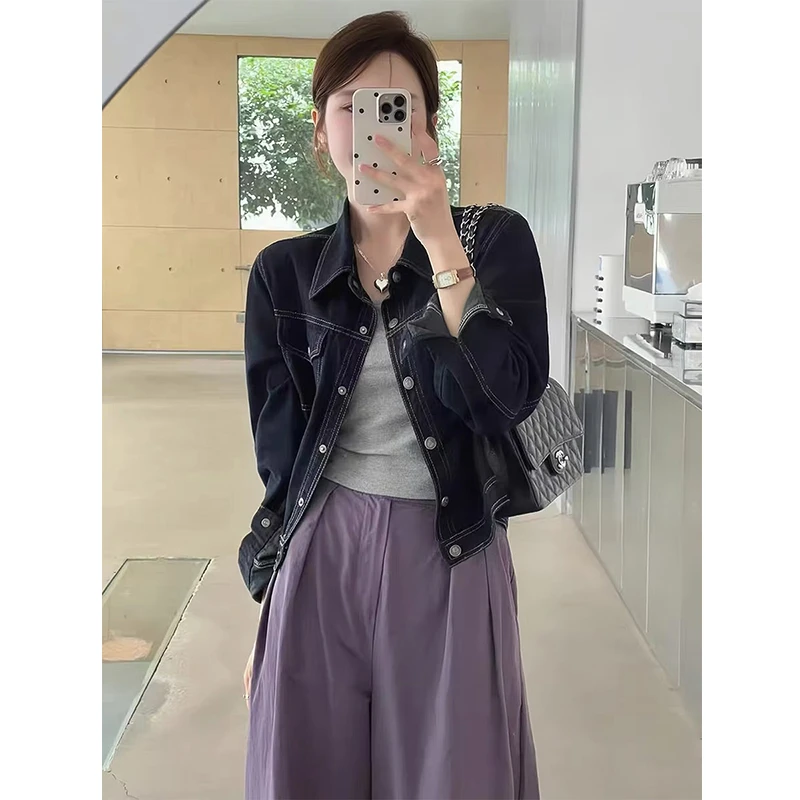 短外套短款纯色女秋季韩版百搭上衣复古牛仔黑色休闲网红宽松