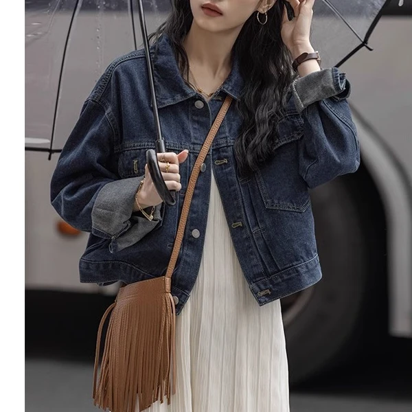 ins港风丹宁牛仔蓝 短外套2024春秋新款小个子休闲韩版宽松上衣女