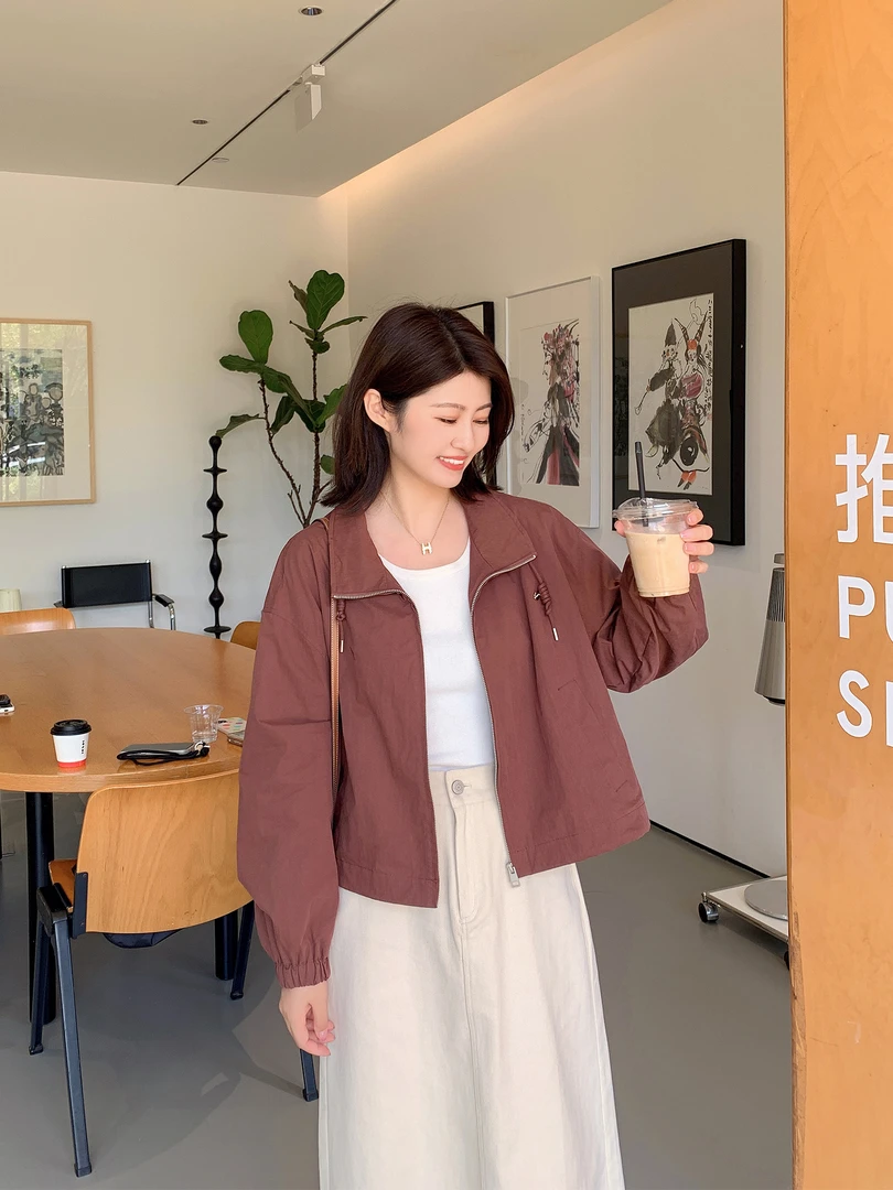 紫璐莱洒脱少年~小个子韩系翻领抽绳设计感短款冲锋衣外套女659X
