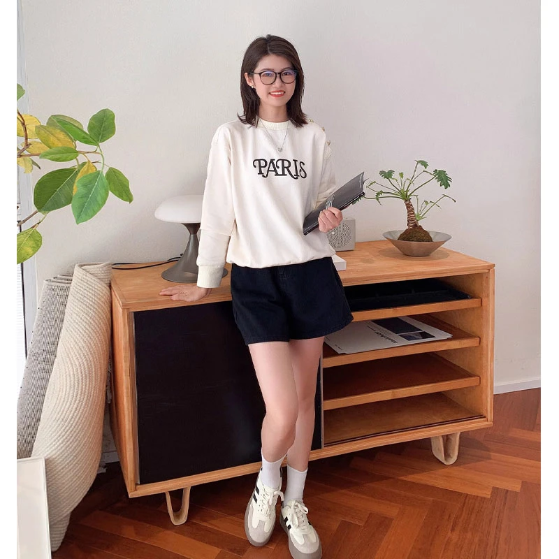 紫璐莱巴黎之行~气质百搭白色字母印花圆领卫衣女早秋长袖上衣37W