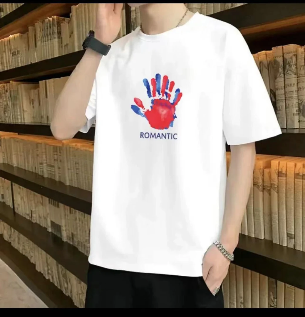 圆领T恤 男士半袖 白色民族风青春 宽松潮流 上衣透气百搭 手掌图