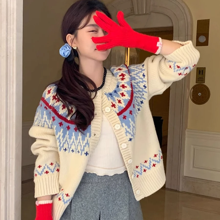 秋冬季新款复古提花针织开衫新年外套内搭开衫外套女费尔岛毛衣