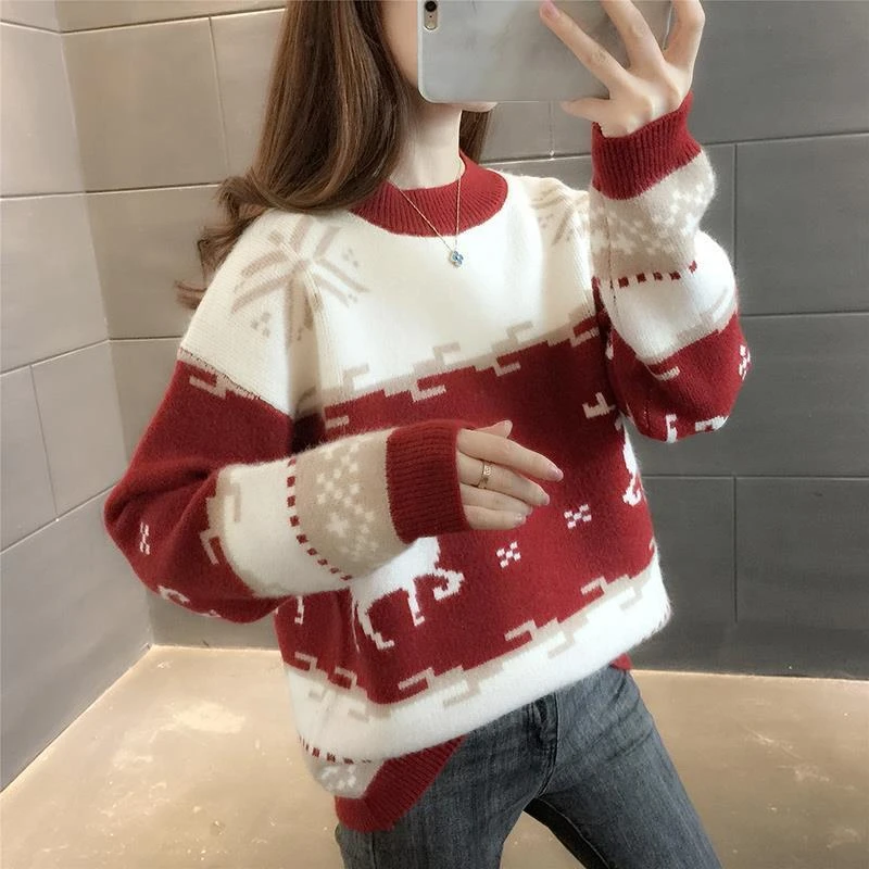 2023年新款女士加厚圆领圣诞毛衣女加绒外穿秋冬针织冬季洋气潮