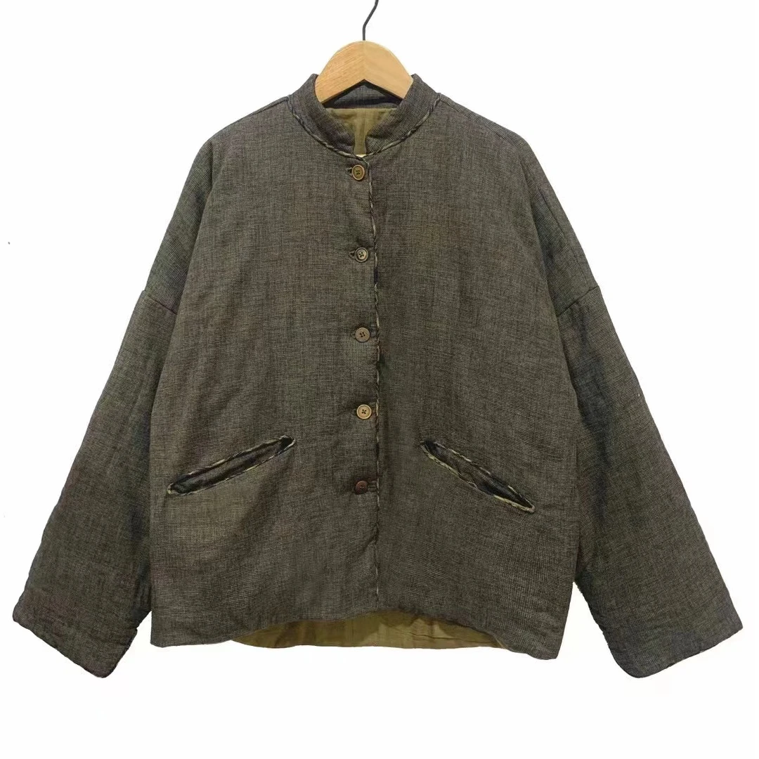 涟香 左岸迷香8029蓝茶格短外套棉服加厚复古宽松冬季文艺百搭